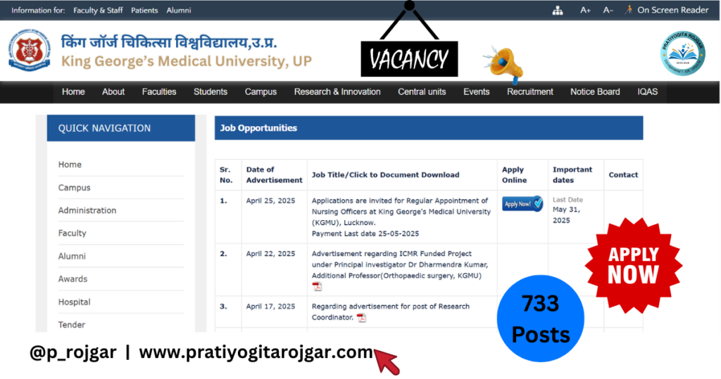 KGMU Lucknow Nursing Officer Recruitment 2025: Apply Online for 733 Posts